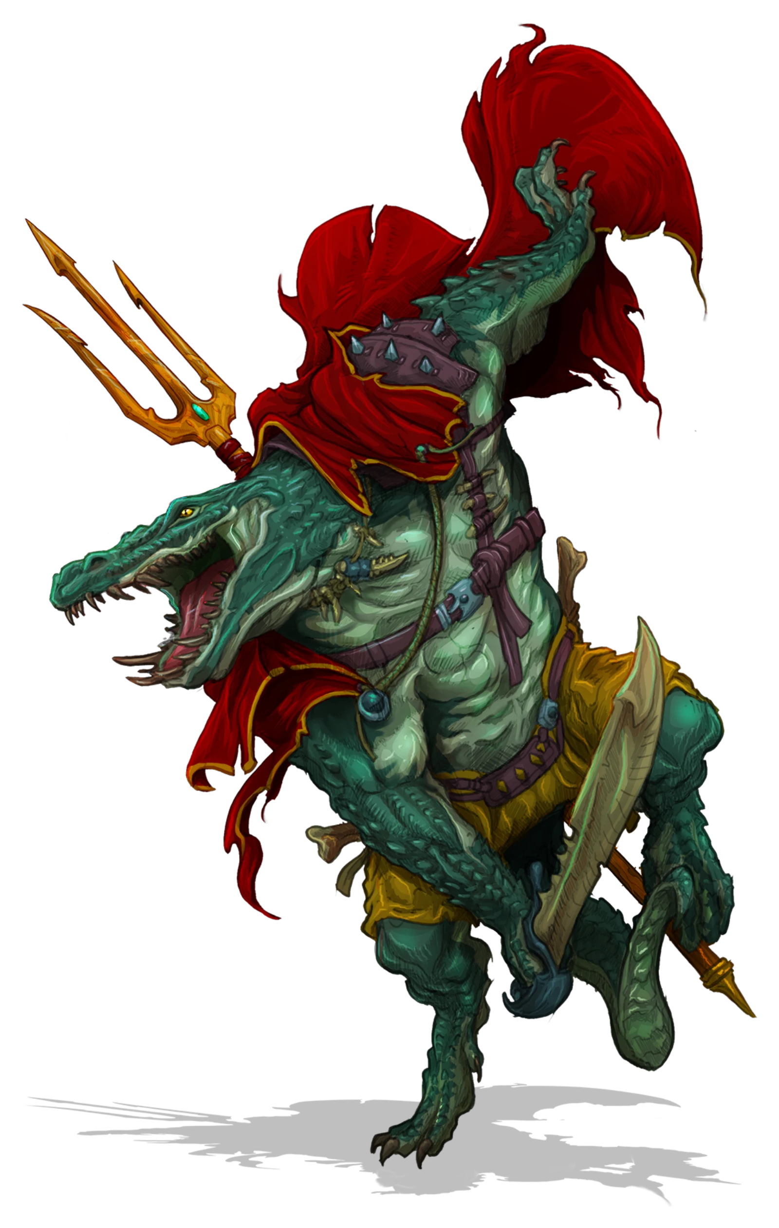 A Pathways to Adventure hero — a lizardfolk skirmisher charging with trident and blade.